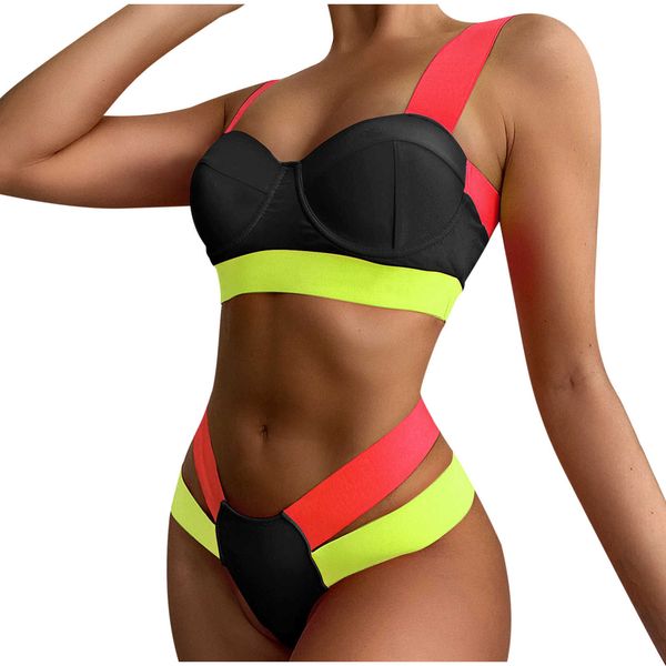 

2021 new women's patchwork set swimsuit two piece filled bra swimwear beachwear beach bikini for woman, White;black