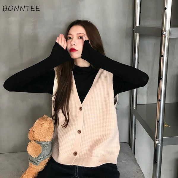 

women's vests sweater vest women v-neck sleeveless autumn 2021 feminino clothing bf simple chic solid single breasted basic knitting al, Black;white