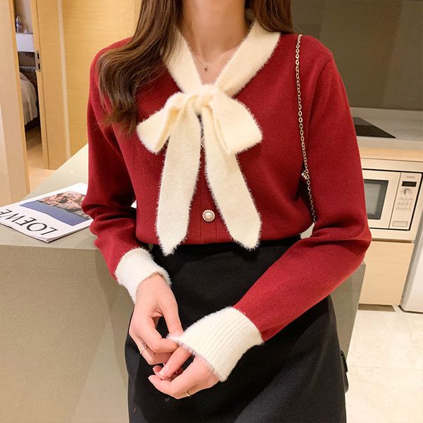 

2021 new autumn elegant female cardigan bow chic vintage single-breasted sweater ladies from y505 j5sn, White;black