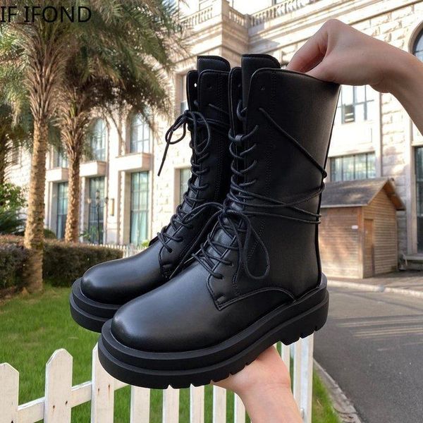 

boots if ifond fashion rock round toe lace up boot booties ladies brand women's shoes flat heel winter motorcycle, Black