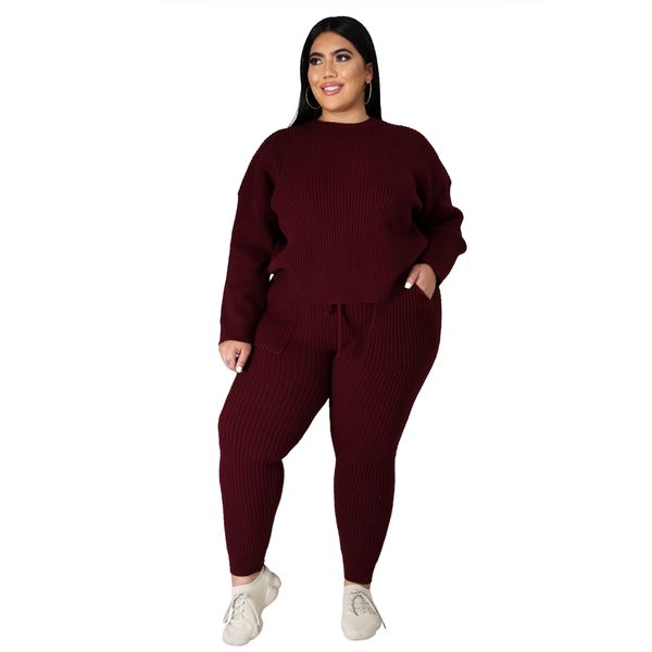 

women's plus-size knitted round collar front pocket fashion casual two-piece set, White