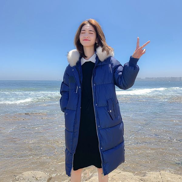 

2021 newwomen winter long jacket hooded false fur collar shiny female cotton padded coat overcoat oversize s33t, Black