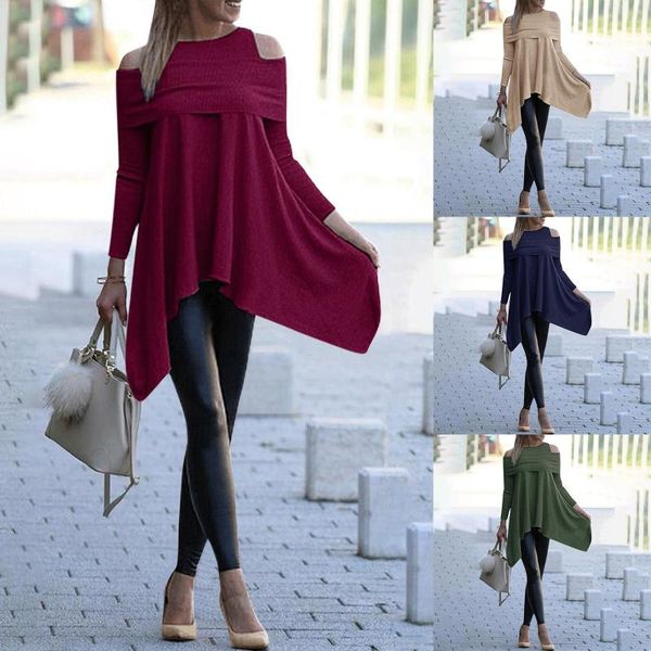 

40# womens solid long sleeve irregular sweatshirt loose print pullover blouse mujer verano blusas femininas elegante, White