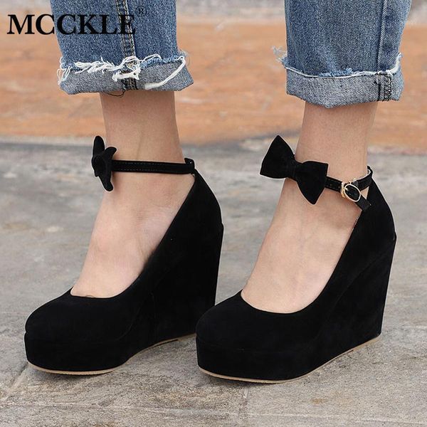 

dress shoes women high heels elegant wedges wedding pumps female flock platform buckle ankle strap bowtie plus size 36-431, Black