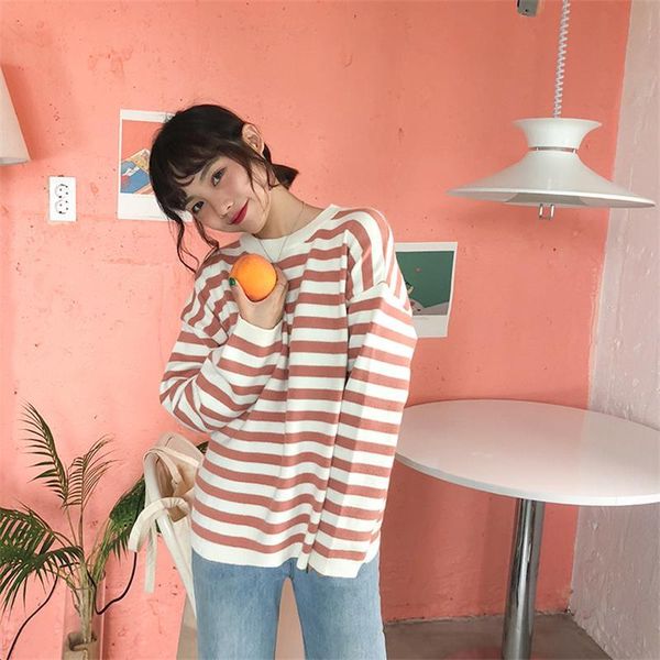 

striped candy color loose core-spun college style pullovers casual vintage harajuku women cloth sweaters for anutumn and winter, White;black