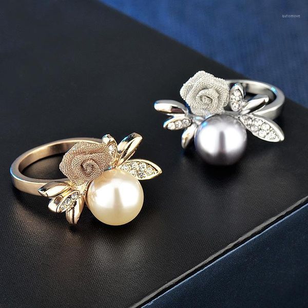 

lovely exquisite korean fashion zircon pearl rose gold ring rose flower gem ring, 925 silver and gold ring plated jewelry1, Golden;silver