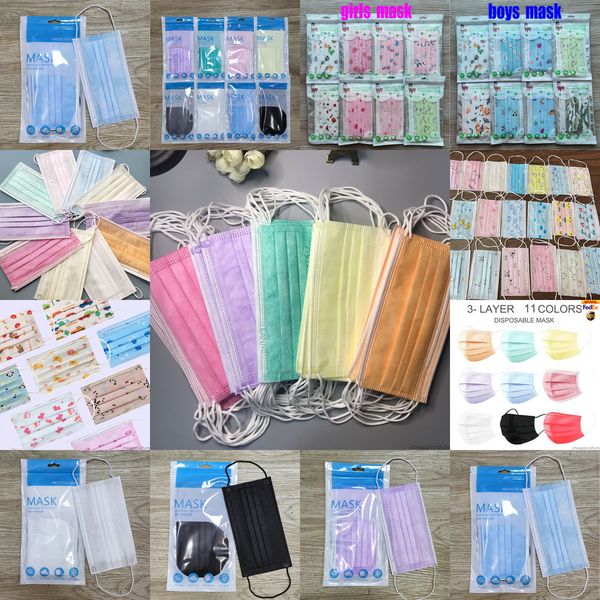 

individual colorful face 10pcs pack black 3 layers non-woven disposable mask protective mouth and kids reta24