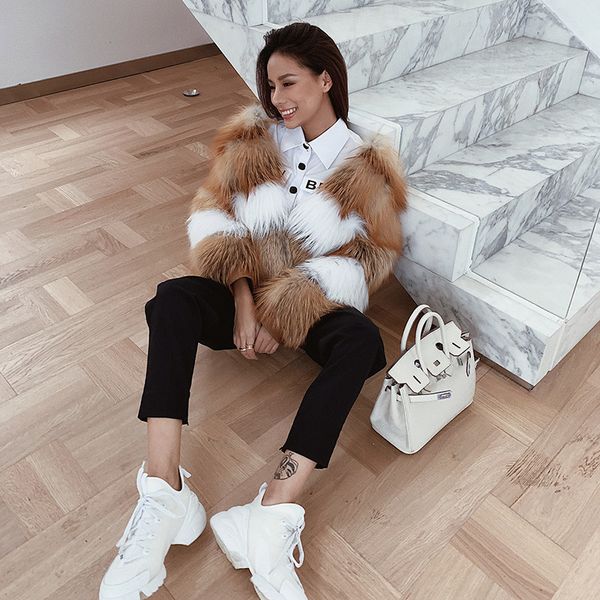 

natural color-combining ladies short red fox fur coat 2020 winter outward jackets mwqh, Black