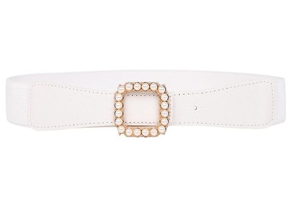 

new elastic wide belt stretch pearl alloy gold square buckle cummerband lady party black waistbands for dress waist seal women bbywxh, Black;brown