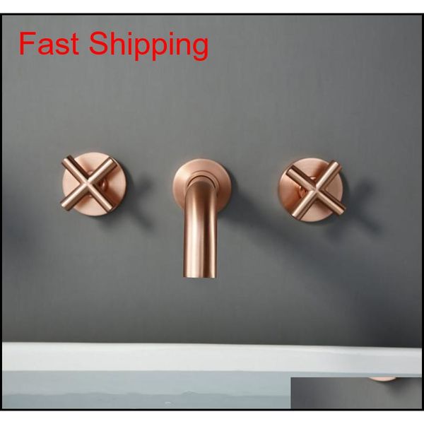 

brass brushed rose gold brass double cross handle bath wall mounted 3 hole water bathroom home sink faucet cold tap in-wall 5lnju