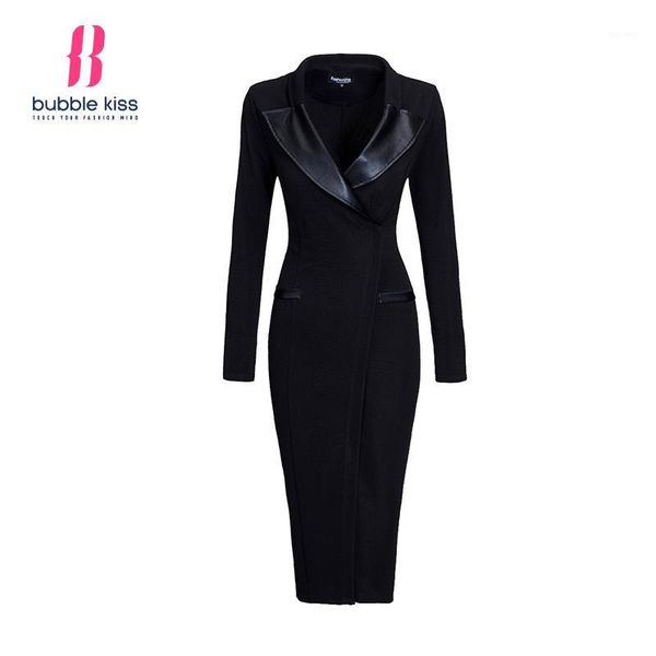 Partykleider Großhandel - Solides Bleistiftkleid Langarm Büro Herbst Winter Schwarz Figurbetontes Damen Midi V-Ausschnitt Leder Patchwork Arbeitskleid1