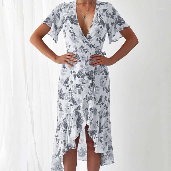 

fashion female print irregular ruffles dress summer deep v plus size beach dress holiday long maxi for women 20191, Black;gray