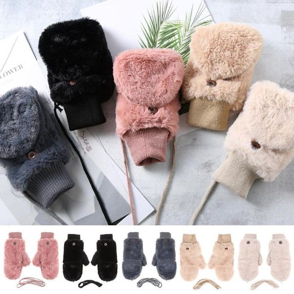

winter fashion plush faux fur gloves windproof velvet stretch girls flip type warm soft hand warmer mittens gloves thicken v0a8, Blue;gray