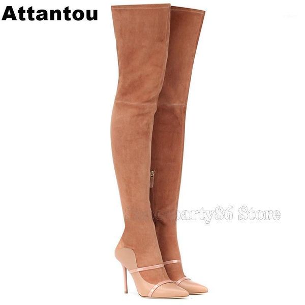 

fashion nude suede leather pointed toe straps thin high heel women boots winter over the knee boots plus size 431, Black