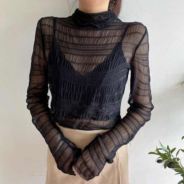 

early spring korean style fashion wild lace mesh high neck thin long sleeve t-shirt1, White