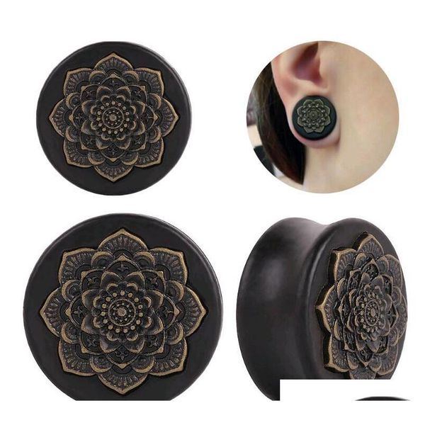 

men piercing ear plugs jewelry wood mandala datura flower auricles ear tunnel body jewelry for women 10mm-25mm gauges wholesale ewb5m, Silver