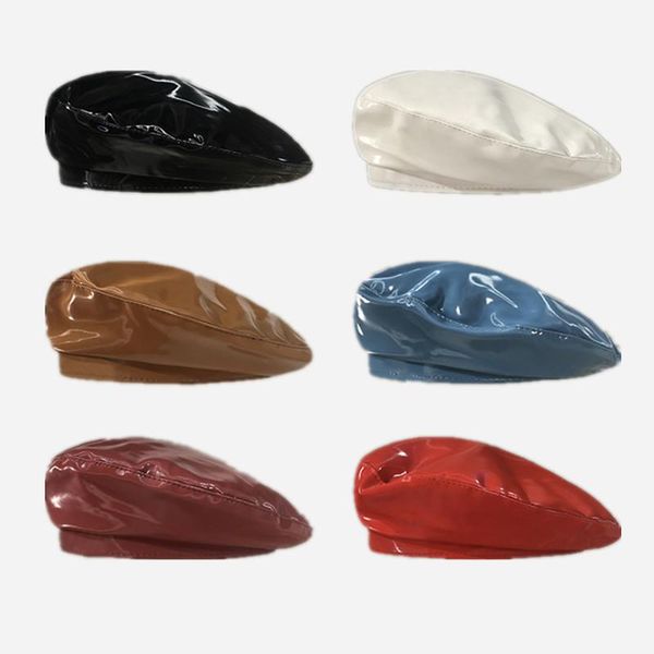 

women's faux leather beret hat autumn winter solid color shiny pu painter hats french cap ladies elegant adjsutable baret, Blue;gray