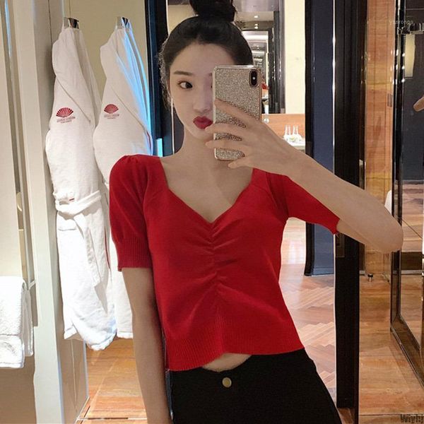 

new summer women's shirt solid color short-sleeved casual knitted shirt collar puff sleeve ladies1, White