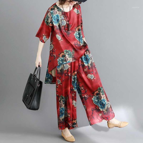 

ewq] 2020 spring summer new pattern round collar hlaf sleeve print patchwork two piece set women casual suit ak985011, White