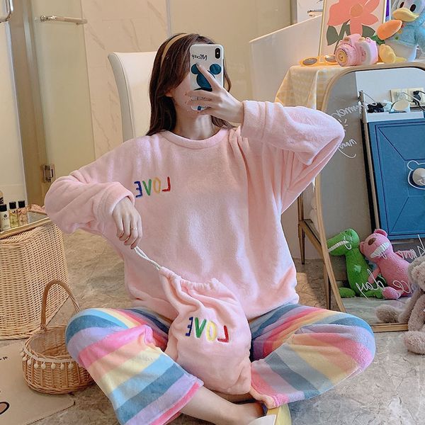 

2021 women's pajamas winter thickening coral velvet pyjamas female sleeve long red flannet from cartoons home clothes together lfzv, Black;red