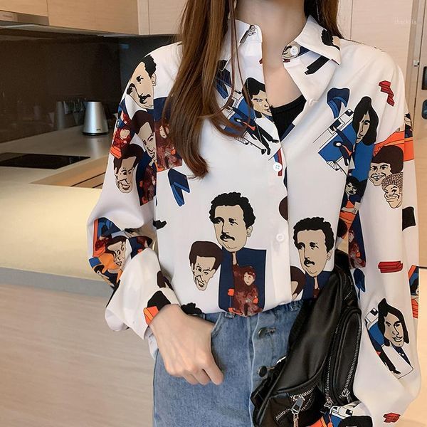 

blusas mujer de moda 2020 cartoon shirt womens and blouses ladies blouse korean loose long sleeve shirts chemisier femme1, White