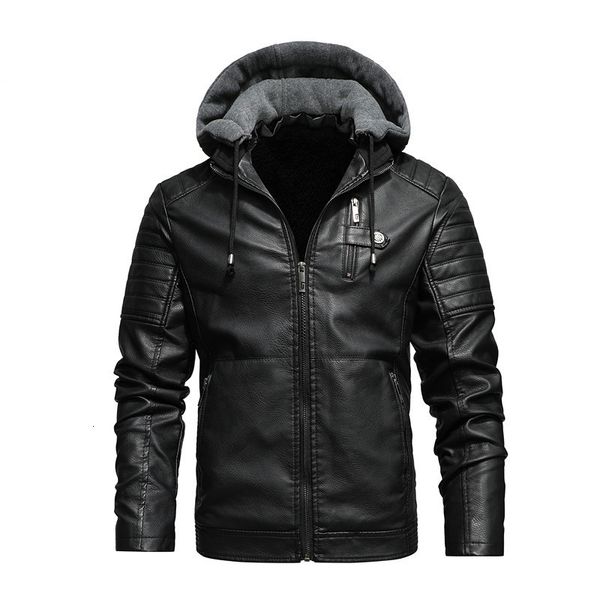 

2021 new mens jacket slim fit pu leather hooded vintage style fashion clothing men coat 8mto, Black