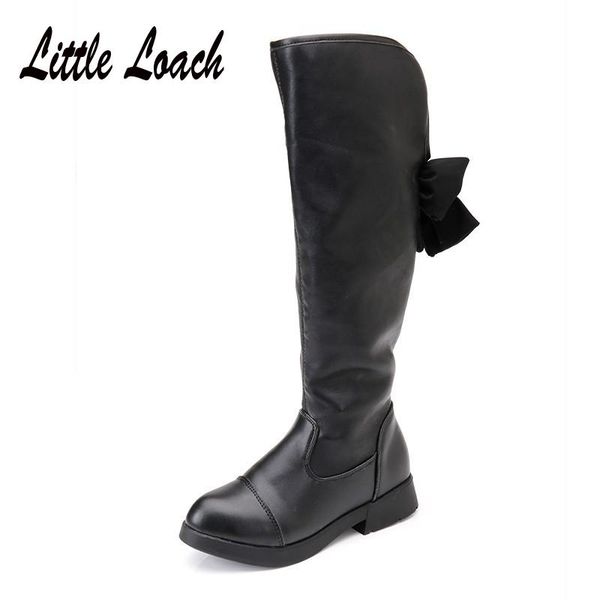 

boots girls knee length long bow-knot single or snowshoes pu leather princess low heel autumn winter black students shoes, Black;grey