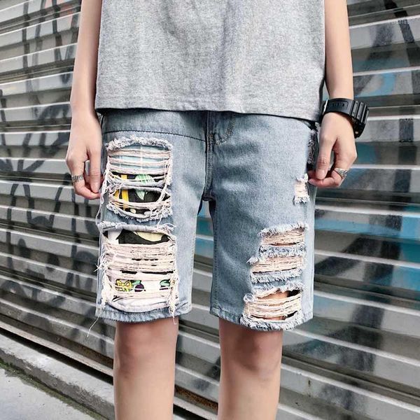 

summer thin loose denim shorts male fifth pants summer hole 5 points shorts horse pants men's korean version fashion1, Blue