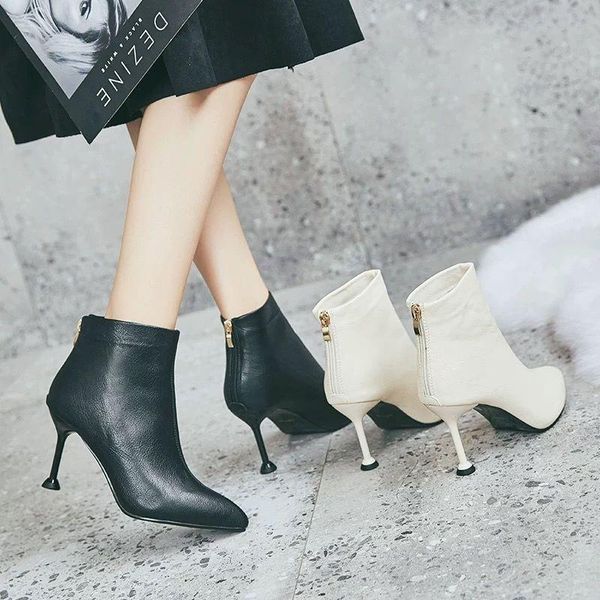 

boots high heels women's winter short stiletto heel 2021 wild pointed toe small nude ladies single thin, Black