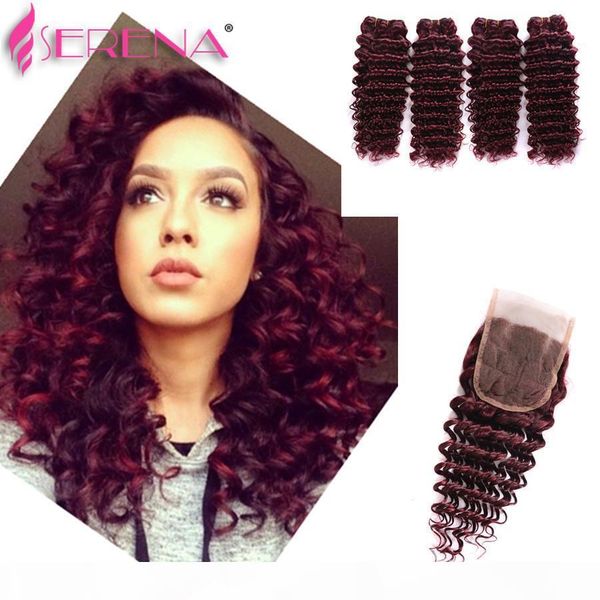 

wet and wavy lace frontal closure malaysian hair bundles with ear to ear lace deep wave 4 bundles with closure 99j burgundy, Black;brown