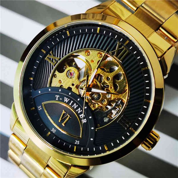 

winner golden black transparent skeleton men automatic mechanical watch business stainless steel wristwatches relogio masculino, Slivery;brown