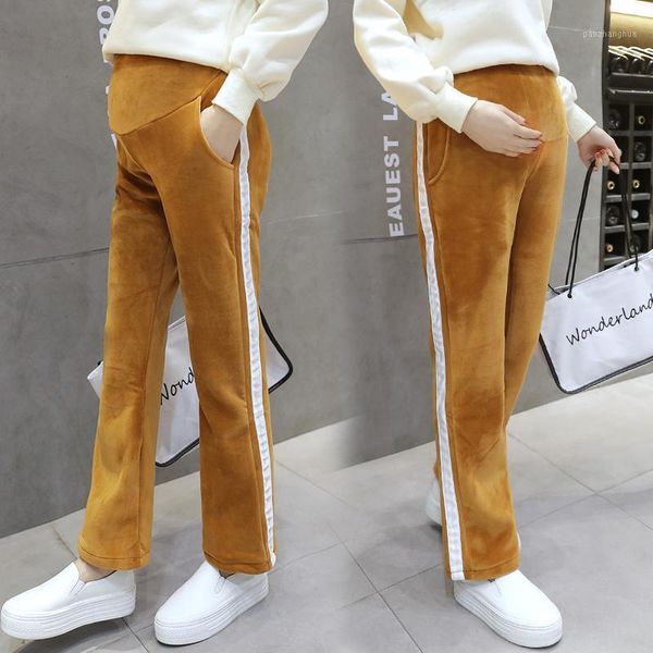 

maternity bottoms winter pregnant woman thick warm trousers plus velvet fashion abdominal pants side stripe patchwork gold fleece leisure tr, White