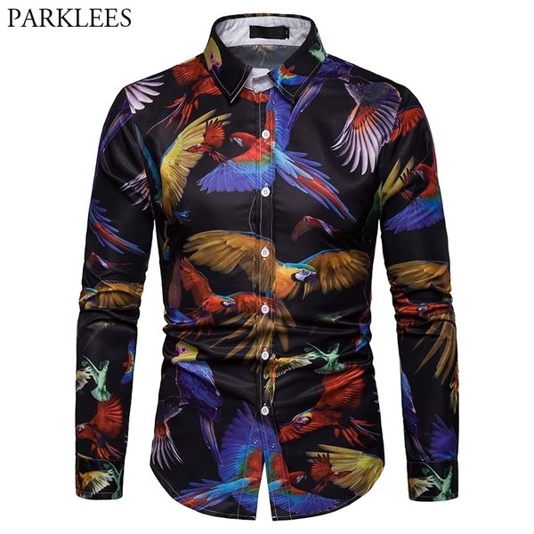 

3d parrot animal print shirt men fashion slim fit long sleeve shirt men business casual button down shirts camia masculina 201120, White;black