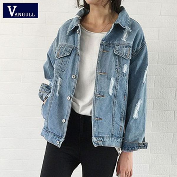 

women basic coat hole denim jacket 2019 spring autumn casual new long sleeve jean jacket loose fit style solid denim coat y200101, Black;brown