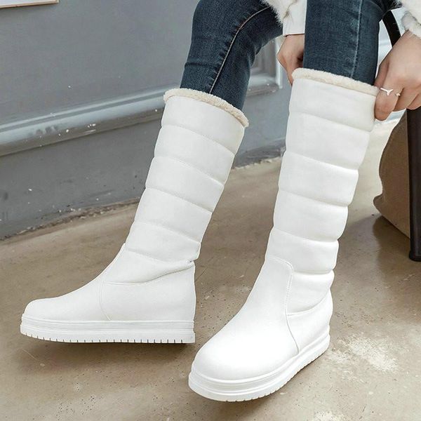 

boots winter mid-calf women flat heel knee high plus warm snow slip on ladies shoes white black pink