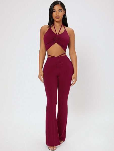 

petite tie back halter & flare leg pants o3bc#, White