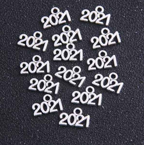 300pcs cor de prata digital 2021 ano encantos número pingente colar artesanato fazendo descobertas jóias 9x14mm