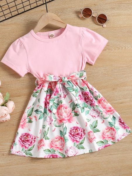 

toddler girls floral print belted dress she, Red;yellow