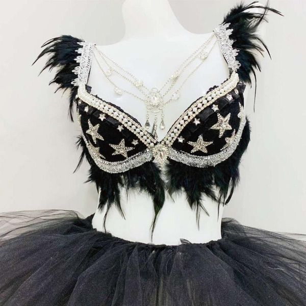 

stage wear costume women black feather sparkly rhinestones bra tutu skirts nightclub dj singer bar party pole dance, Black;red