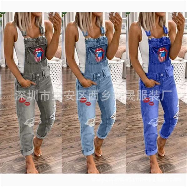 

women's suspenders 2019 new printed washed jeans for women, Blue