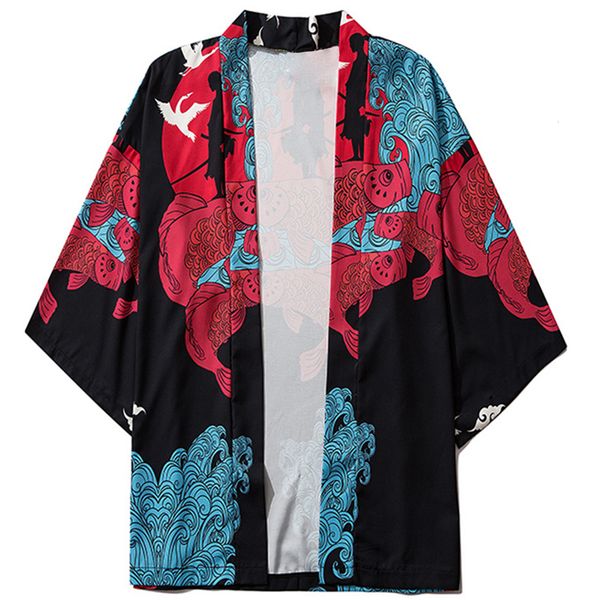 

2021 new aelfric eden summer harajuku japanese jackets men fish warrior print front open coats kimono loose japan streetwear q73k, Black;brown