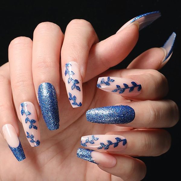 

nail art kits christmas year fake nails costume party finger shiny blue leaf shape french manicure reusable cosplay false fingernail