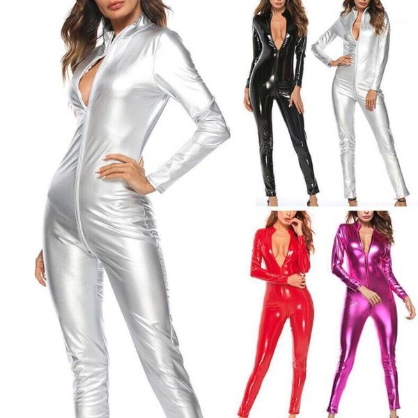 

women solid color zipper faux patent leather jumpsuit bodysuit tight clubwear great for party club outfits cosplay1, Black;white