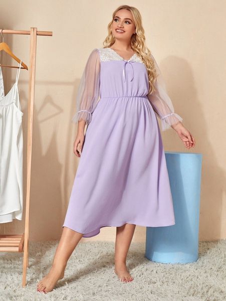 

plus mesh sleeve lace yoke knot front nightdress 68vl#, Black;white