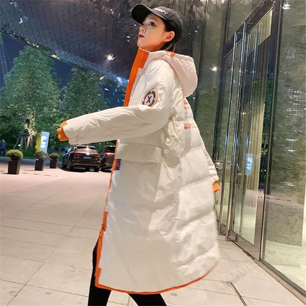 

2020 winter new hooded color patchwork coat women's mid-length loose straight white duck down bread jacket street, Black