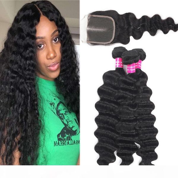 

9a remy brazilian hair loose deep hair bundles with lace closure 100% unprocessed straight body loose wave deep curly water wave human hair, Black