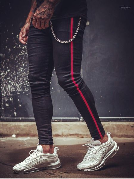 

black skinny jeans for men classics side stripe metal chain jeans fashion moto biker pencil pants street teen cowboy costume men1, Blue