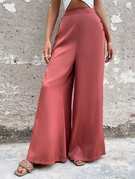 

buttoned detail wide leg pants r5hq#, Black;white