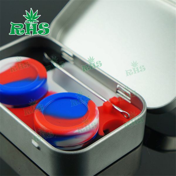 4-in-1-Dose-Silikon-Aufbewahrungsset-Set mit 2 Stück 5-ml-Wachsbehälter, Ölglas-Basis, Dab-Dabber-Werkzeug, Metallbox, Etui aus Silikon