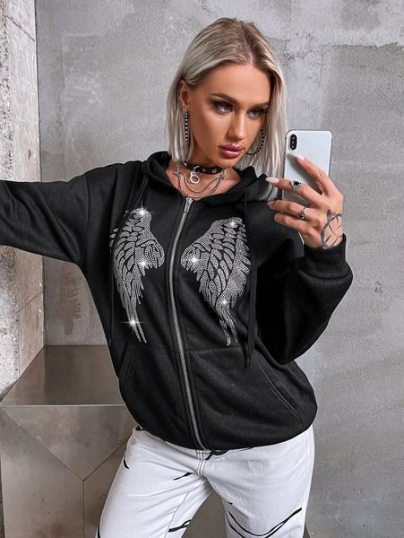 

rhinestone wing zipper front hoodie b5w5#, White;black
